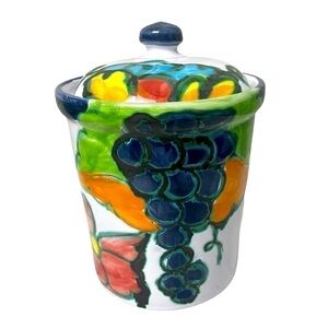 Celina Signed Hand painted Portugal 8.5” Lidded Jar Grape Floral Excellent